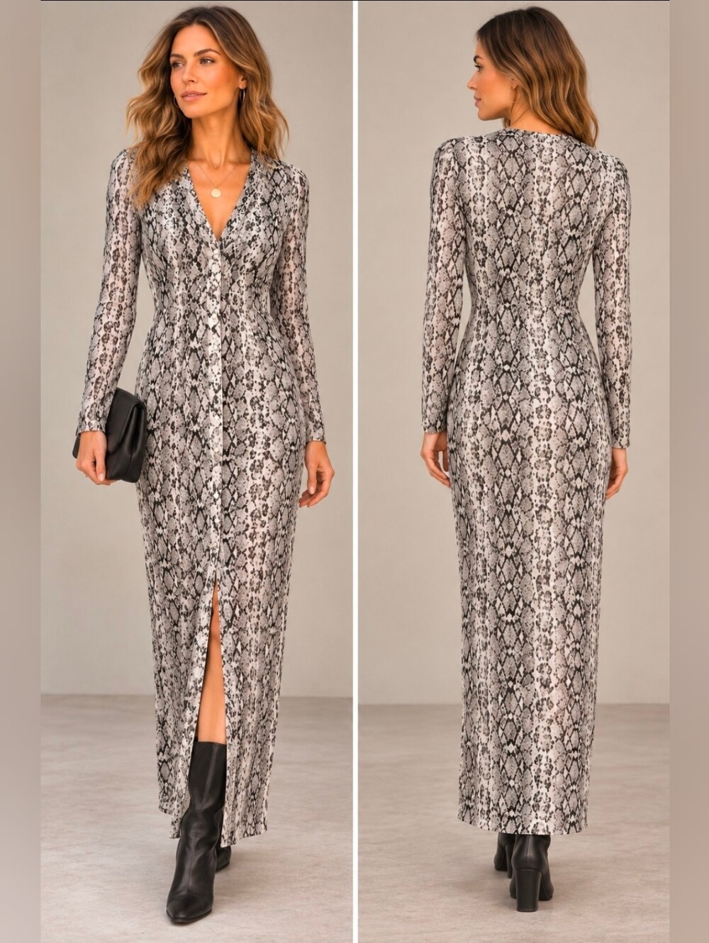 Reba Python Snake Print Button Front Fitted Maxi Dress Long Sleeve Medium